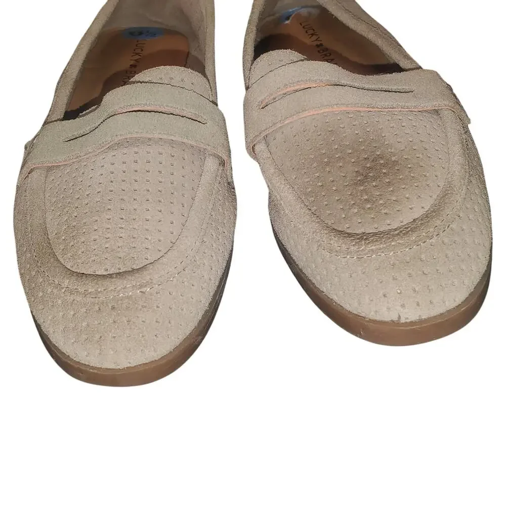 Lucky Brand Caylon 6.5 Taupe Tan Suede Penny Loafers Leather Upper Clean Girl